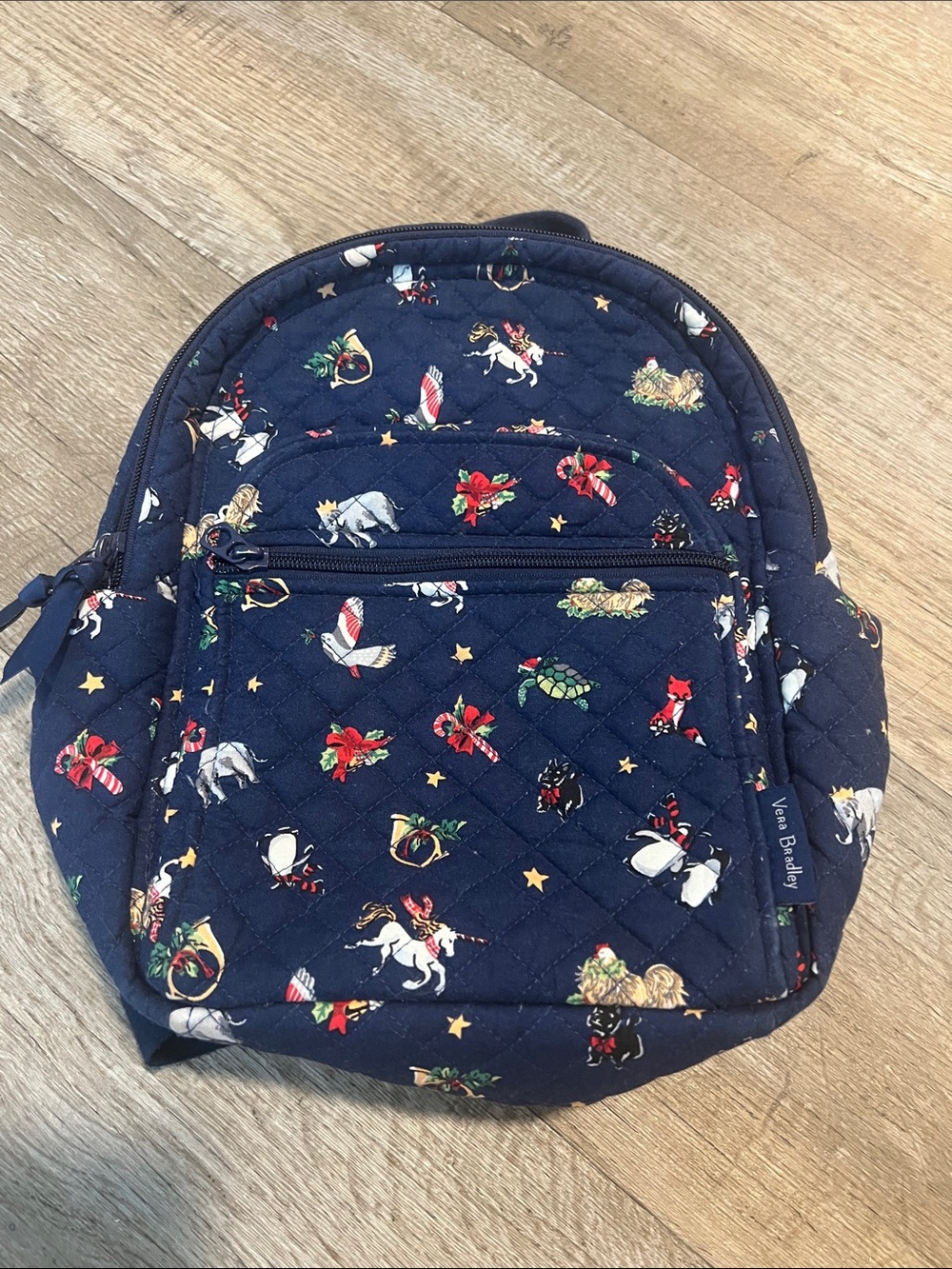 Vera Bradley Navy Quilted Kids Mini Backpack with Holiday Animal Print